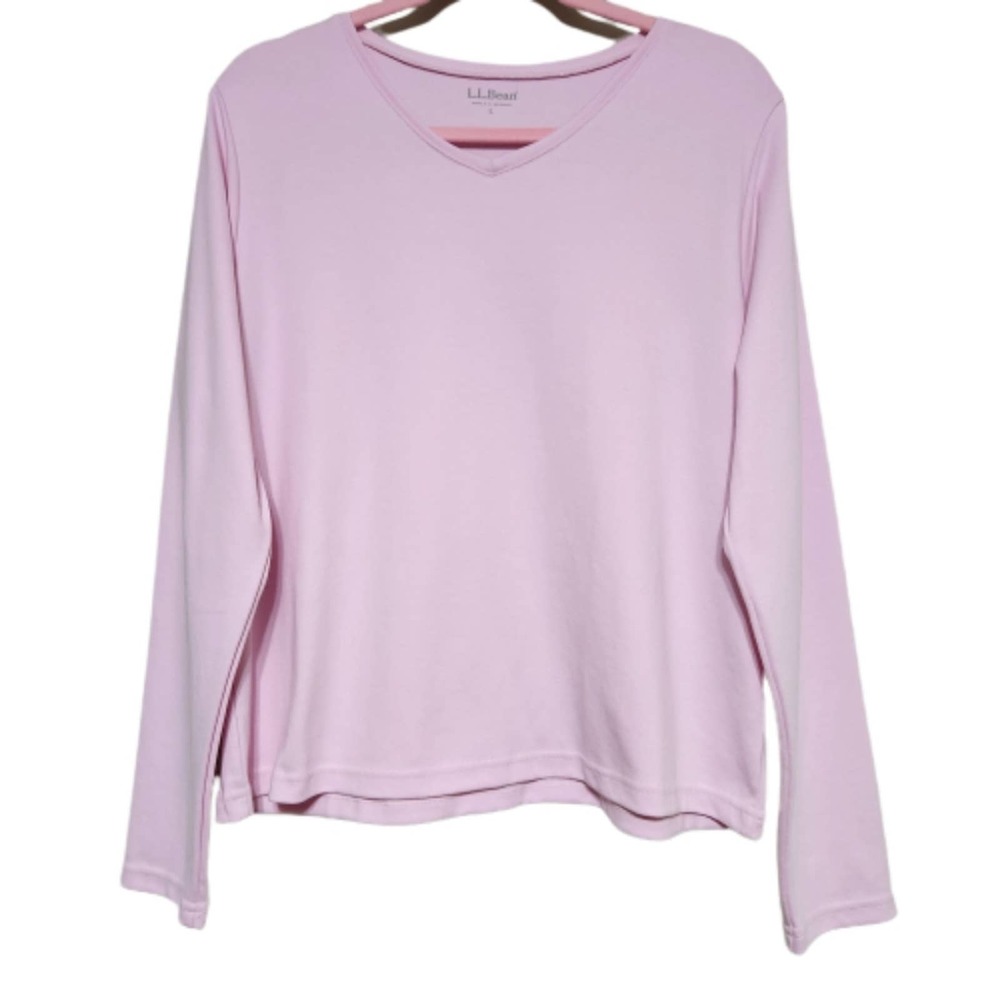 L L BEAN Pink 100% Cotton Long Sleeve V-Neck Tee Women's L #0101